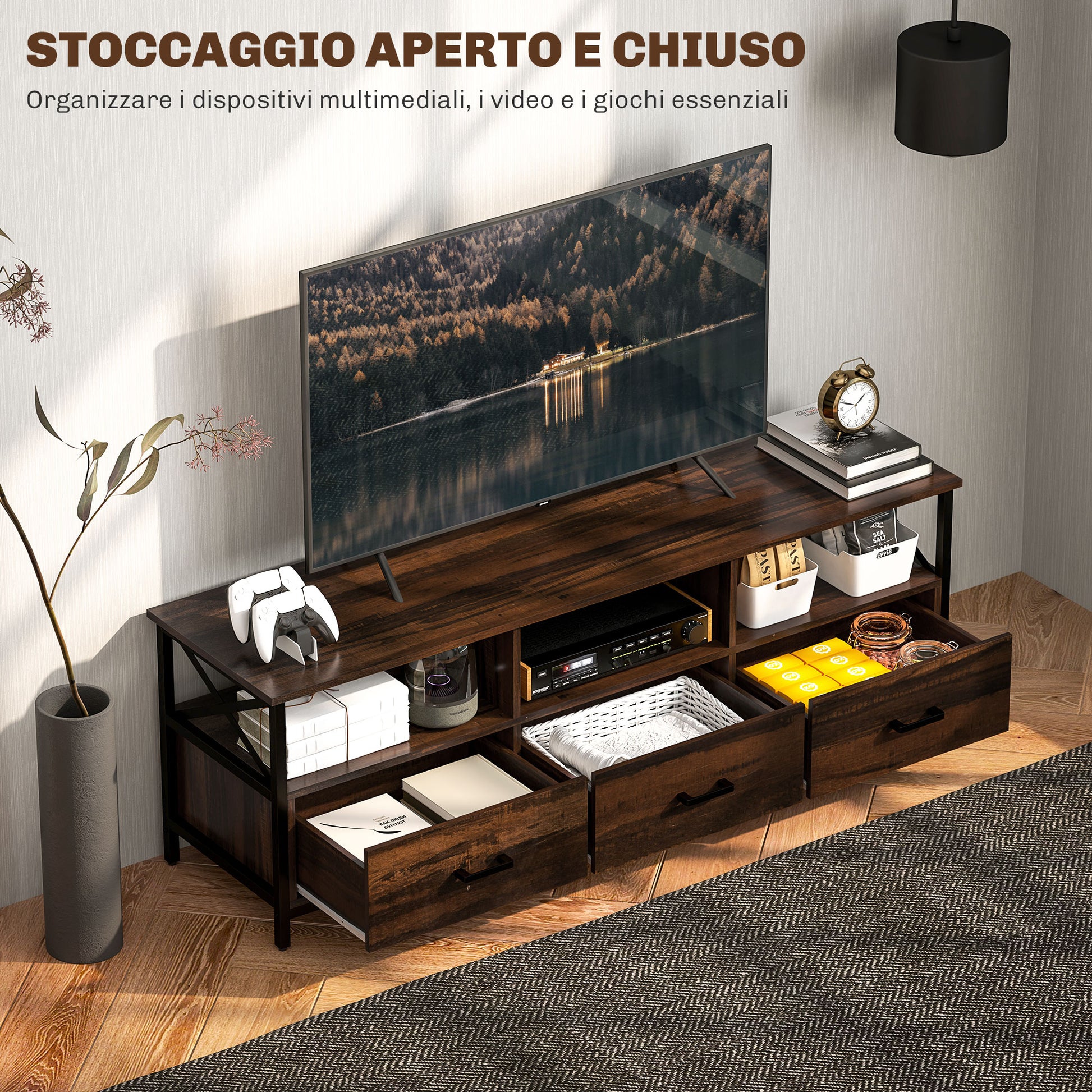 Industrial Style 65" TV Stand with 3 Drawers and 3 Open Shelves, Wooden and Metal TV Cabinet, 147x40x50 cm, Black and Rustic Brown