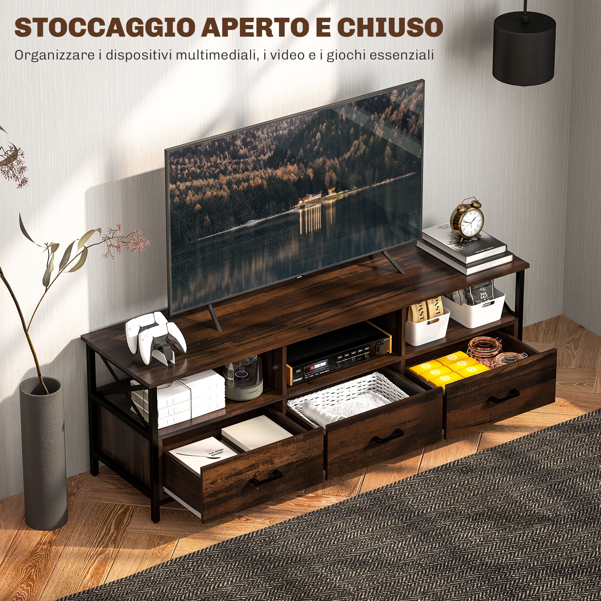 Industrial Style 65" TV Stand with 3 Drawers and 3 Open Shelves, Wooden and Metal TV Cabinet, 147x40x50 cm, Black and Rustic Brown