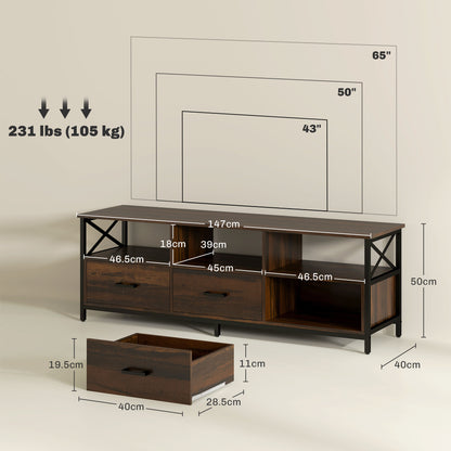 Industrial Style 65" TV Stand with 3 Drawers and 3 Open Shelves, Wooden and Metal TV Cabinet, 147x40x50 cm, Black and Rustic Brown