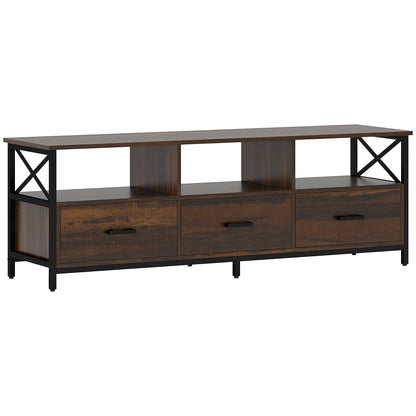 Industrial Style 65" TV Stand with 3 Drawers and 3 Open Shelves, Wooden and Metal TV Cabinet, 147x40x50 cm, Black and Rustic Brown