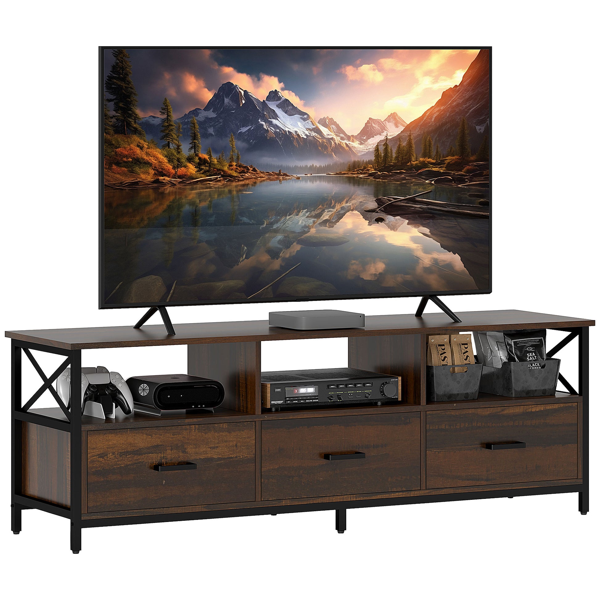 Industrial Style 65" TV Stand with 3 Drawers and 3 Open Shelves, Wooden and Metal TV Cabinet, 147x40x50 cm, Black and Rustic Brown