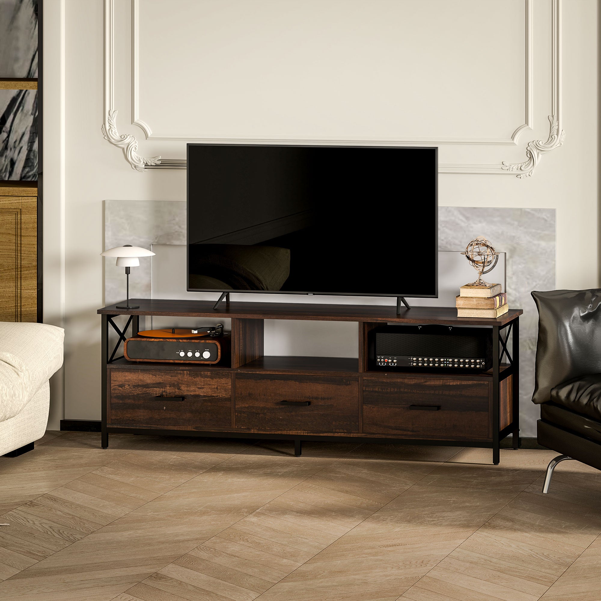 Industrial Style 65" TV Stand with 3 Drawers and 3 Open Shelves, Wooden and Metal TV Cabinet, 147x40x50 cm, Black and Rustic Brown
