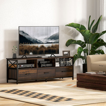 Industrial Style 65" TV Stand with 3 Drawers and 3 Open Shelves, Wooden and Metal TV Cabinet, 147x40x50 cm, Black and Rustic Brown