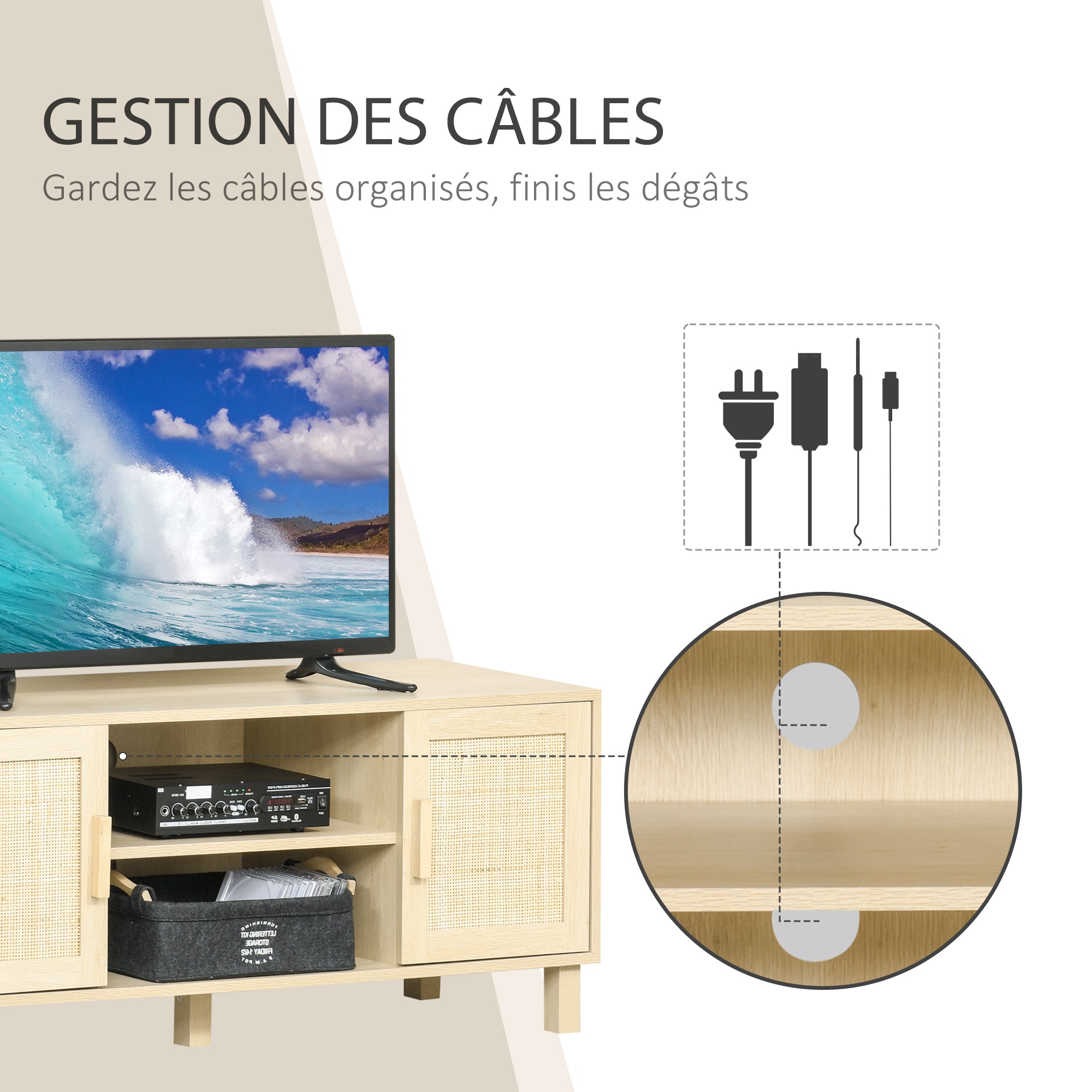 TV Stand TV Bench 2 Compartments 2 Cabinets Rattan Door 115L x 40W x 48H cm MDF Light Wood Finish