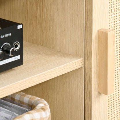 TV Stand TV Bench 2 Compartments 2 Cabinets Rattan Door 115L x 40W x 48H cm MDF Light Wood Finish