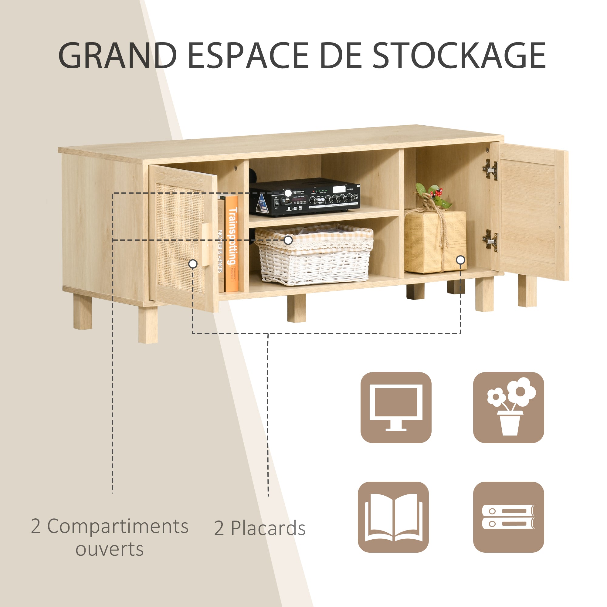 TV Stand TV Bench 2 Compartments 2 Cabinets Rattan Door 115L x 40W x 48H cm MDF Light Wood Finish