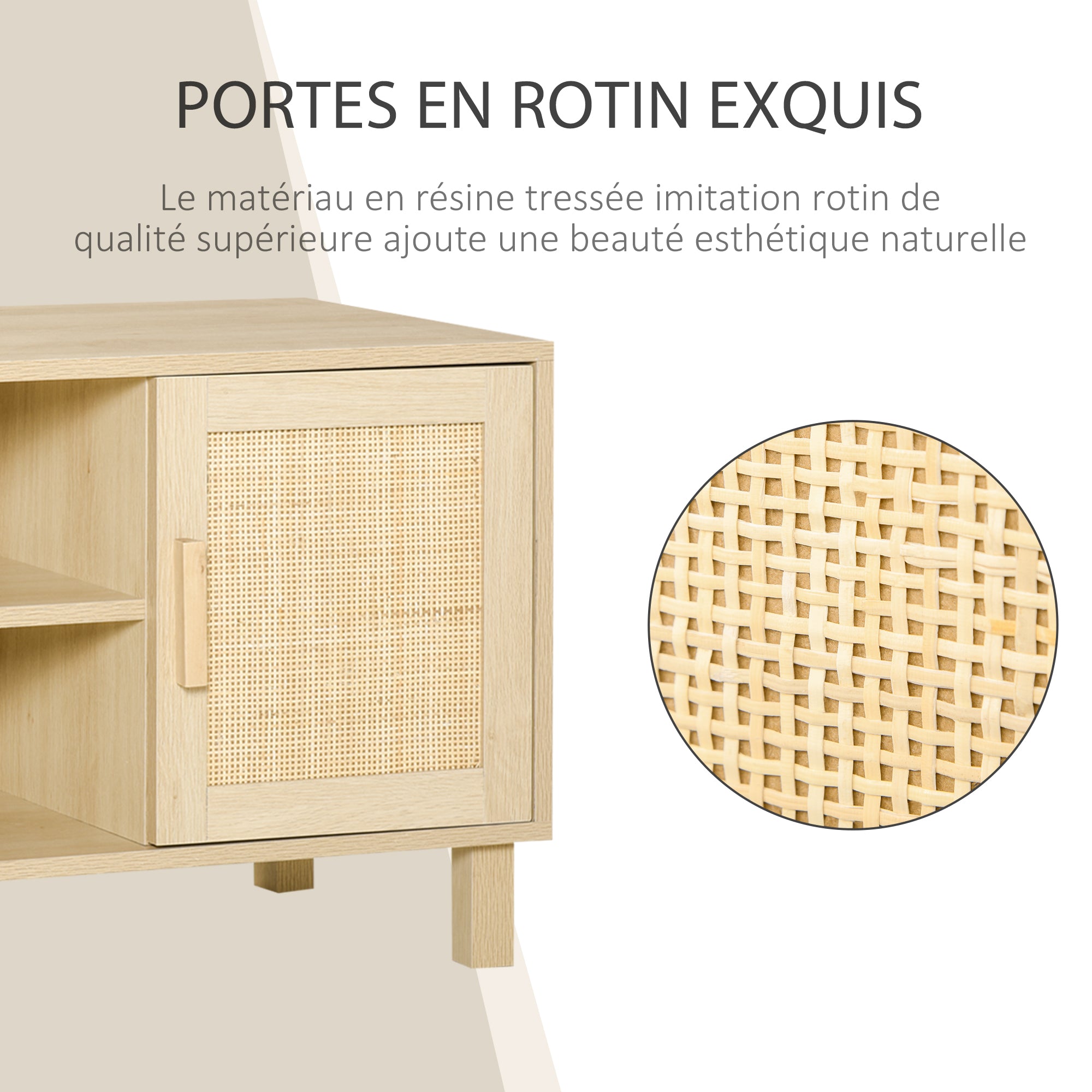 TV Stand TV Bench 2 Compartments 2 Cabinets Rattan Door 115L x 40W x 48H cm MDF Light Wood Finish