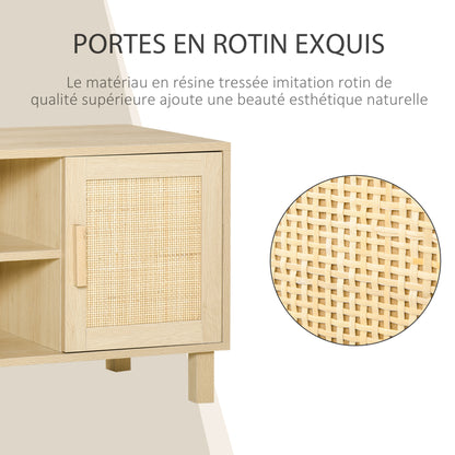 TV Stand TV Bench 2 Compartments 2 Cabinets Rattan Door 115L x 40W x 48H cm MDF Light Wood Finish