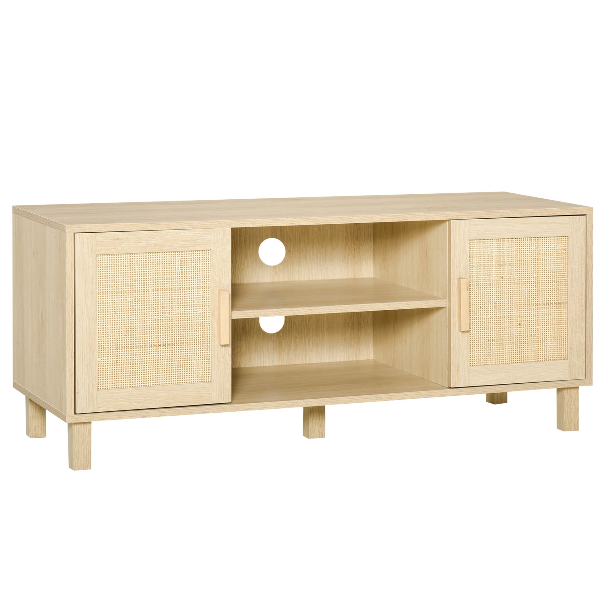 TV Stand TV Bench 2 Compartments 2 Cabinets Rattan Door 115L x 40W x 48H cm MDF Light Wood Finish