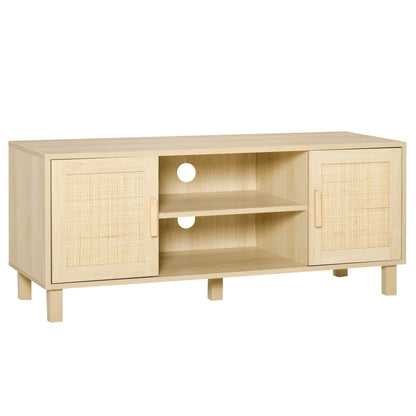 TV Stand TV Bench 2 Compartments 2 Cabinets Rattan Door 115L x 40W x 48H cm MDF Light Wood Finish
