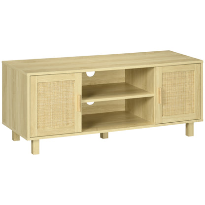 TV Stand TV Bench 2 Compartments 2 Cabinets Rattan Door 115L x 40W x 48H cm MDF Light Wood Finish