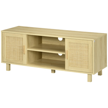 TV Stand TV Bench 2 Compartments 2 Cabinets Rattan Door 115L x 40W x 48H cm MDF Light Wood Finish