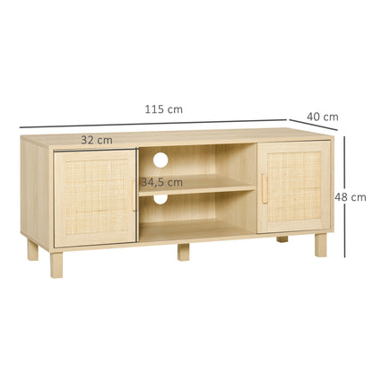 TV Stand TV Bench 2 Compartments 2 Cabinets Rattan Door 115L x 40W x 48H cm MDF Light Wood Finish