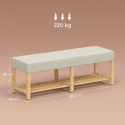 Shoe Bench — Modern Entryway Bench with Padded Seat for 2, Open Shoe Shelf, Rubberwood Frame, for Entryway, Hall, Living Room, 55.1 x 17.3 x 18.9 in, Cream & Natural Wood