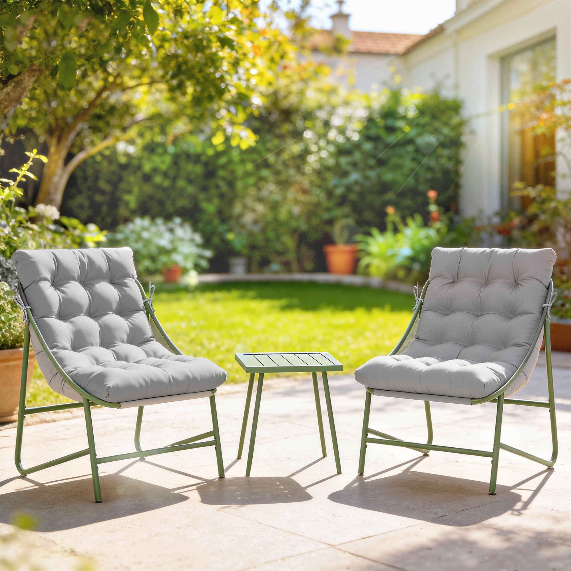 3-Piece Outdoor Patio Bistro Set with Cushions — 2 Lounge Chairs & Side Table, Powder-Coated Steel Frame, Light Gray