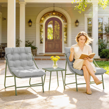 3-Piece Outdoor Patio Bistro Set with Cushions — 2 Lounge Chairs & Side Table, Powder-Coated Steel Frame, Light Gray