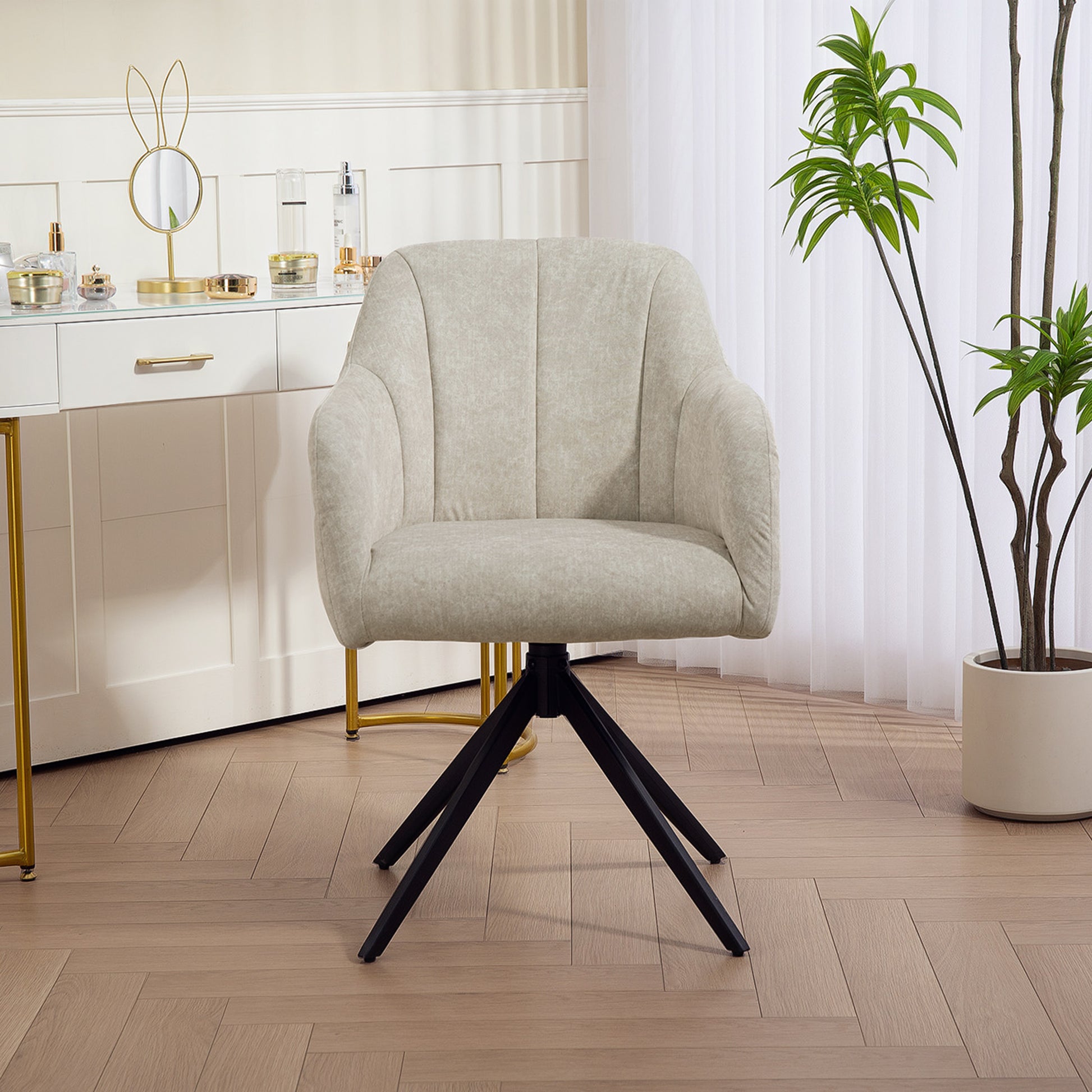 Chair Living Room Swivel Lounge Chair Tufted Upholstered Recliner with Steel Legs, Velvet-Look Upholstered Dining Chair Makeup Chair for Bedroom Beige