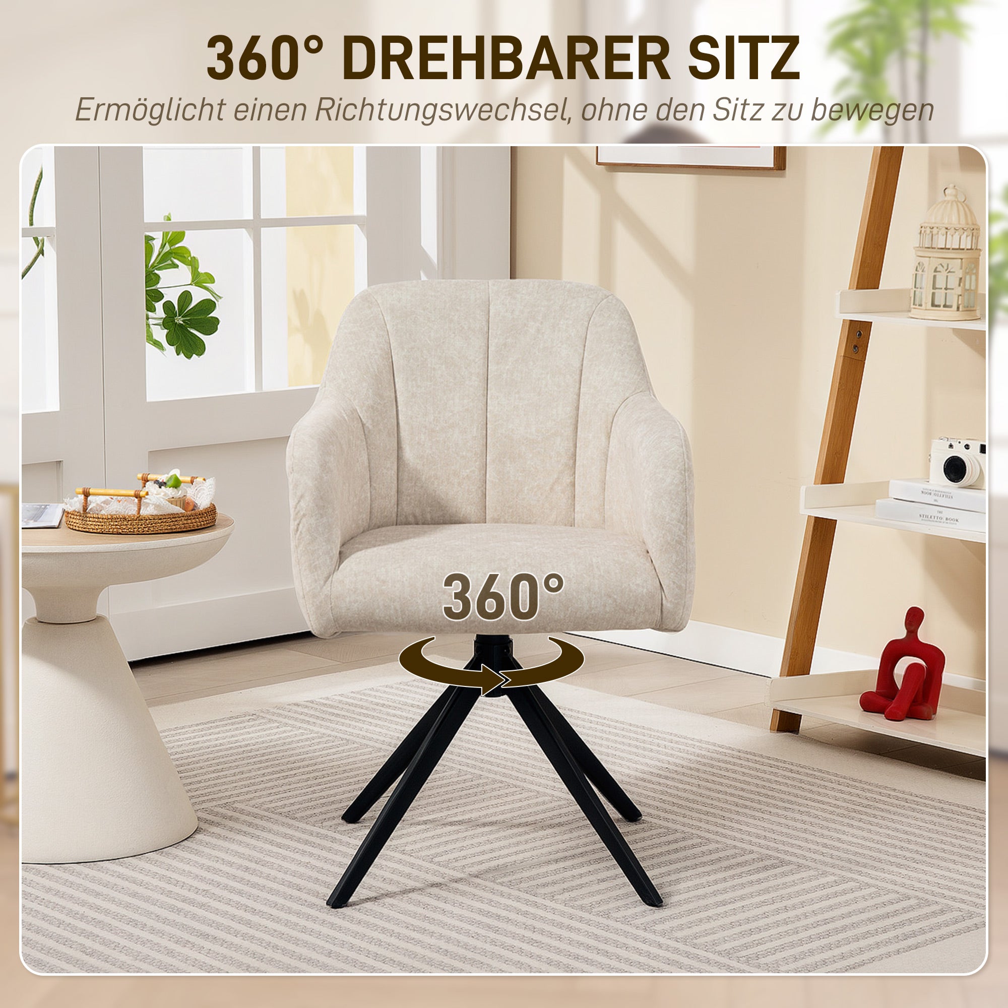 Chair Living Room Swivel Lounge Chair Tufted Upholstered Recliner with Steel Legs, Velvet-Look Upholstered Dining Chair Makeup Chair for Bedroom Beige
