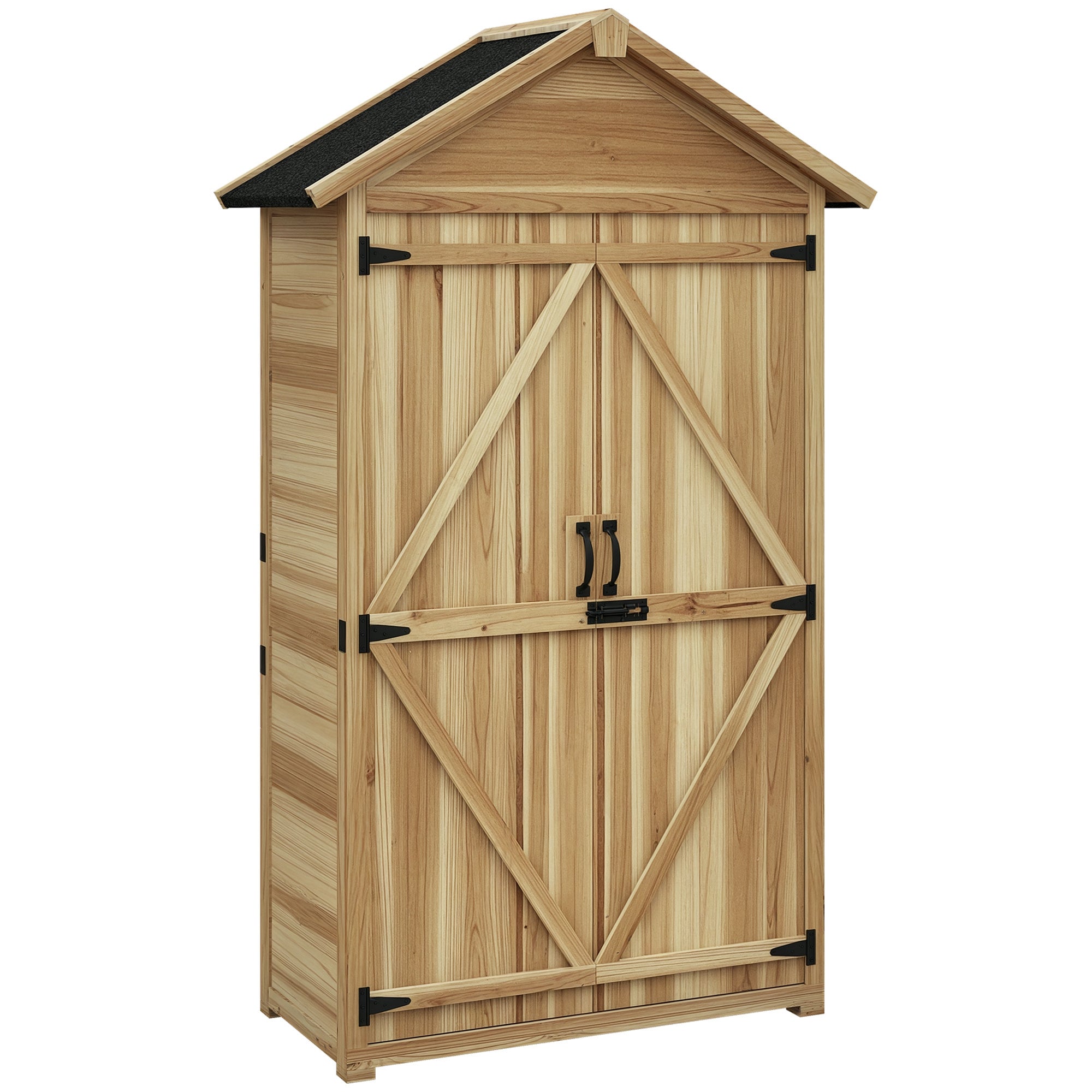 Fir Wood Garden Shed 1x1.8 m with 3 Removable Shelves, Sloping Roof and Latch, Garden Tool Shed with Adjustable Feet, Wood Color