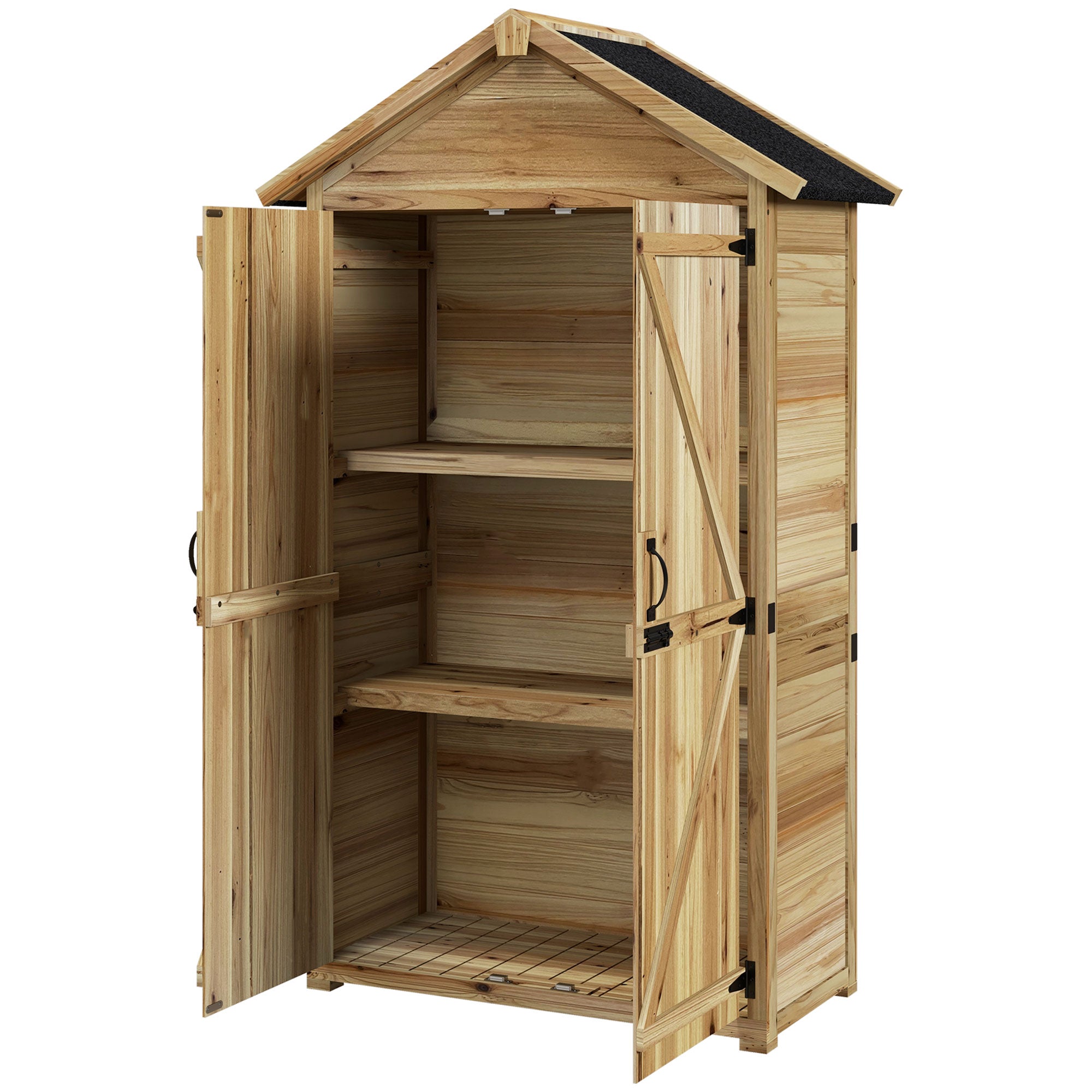 Fir Wood Garden Shed 1x1.8 m with 3 Removable Shelves, Sloping Roof and Latch, Garden Tool Shed with Adjustable Feet, Wood Color