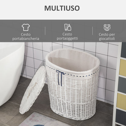 Wicker Laundry Basket with Lid, Washable Fabric Inner Bag, Holds 15kg of Dirty Laundry, White