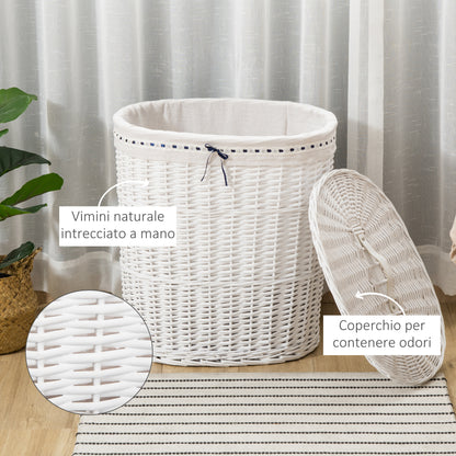 Wicker Laundry Basket with Lid, Washable Fabric Inner Bag, Holds 15kg of Dirty Laundry, White