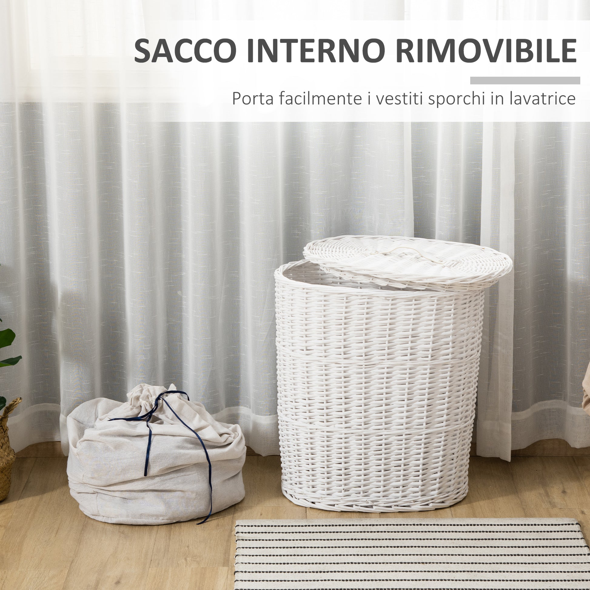 Wicker Laundry Basket with Lid, Washable Fabric Inner Bag, Holds 15kg of Dirty Laundry, White