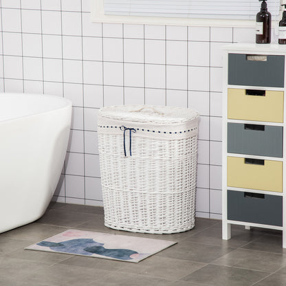 Wicker Laundry Basket with Lid, Washable Fabric Inner Bag, Holds 15kg of Dirty Laundry, White