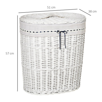 Wicker Laundry Basket with Lid, Washable Fabric Inner Bag, Holds 15kg of Dirty Laundry, White