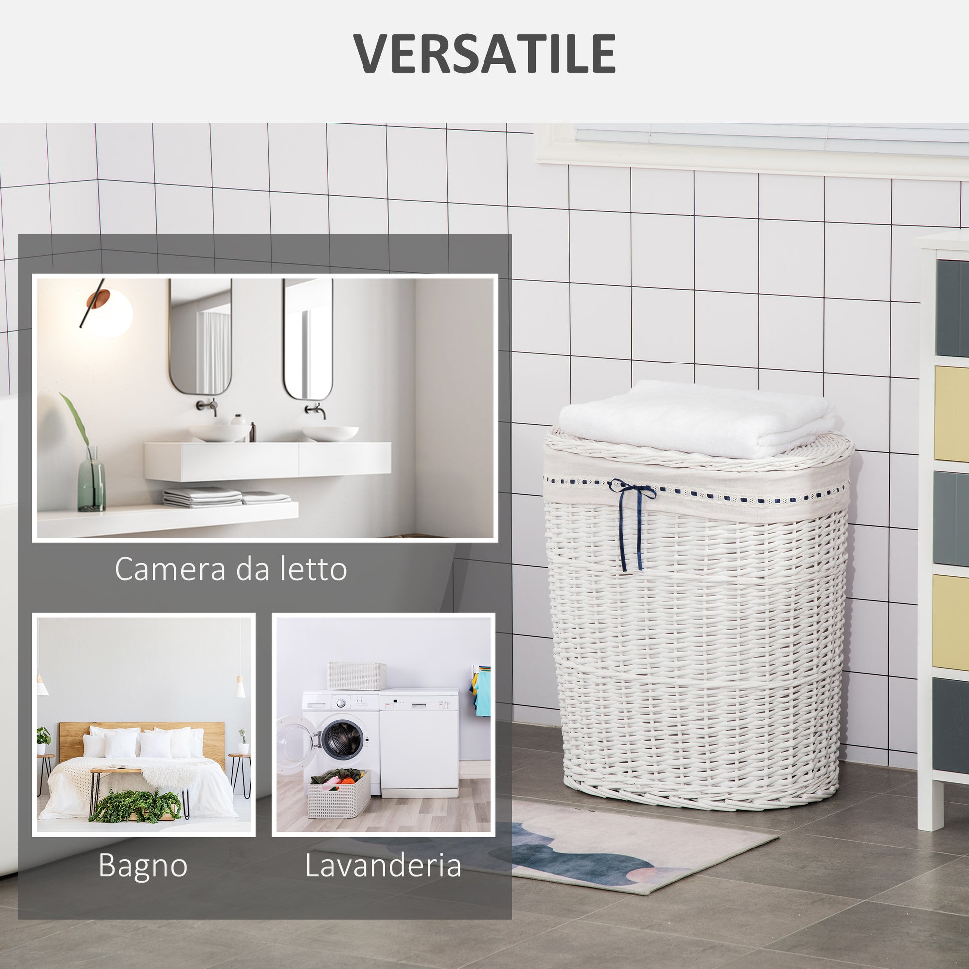 Wicker Laundry Basket with Lid, Washable Fabric Inner Bag, Holds 15kg of Dirty Laundry, White