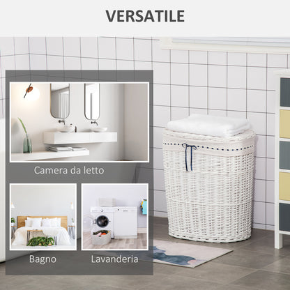 Wicker Laundry Basket with Lid, Washable Fabric Inner Bag, Holds 15kg of Dirty Laundry, White