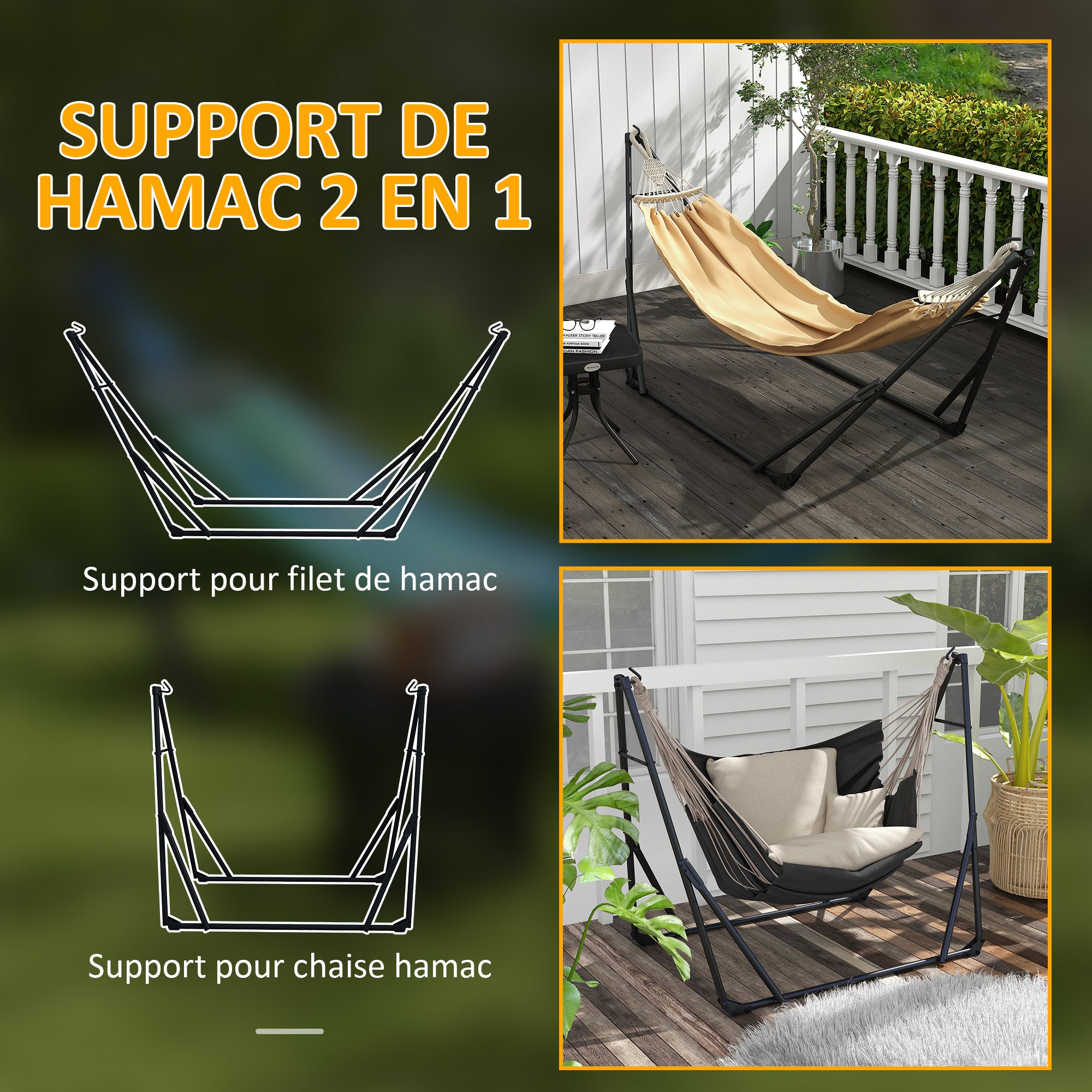 Foldable Steel Hammock Stand, 2-in-1 Support for Hammock or Hanging Chair, Includes Carrying Bag, dim. 263L x 89W x 100H cm
