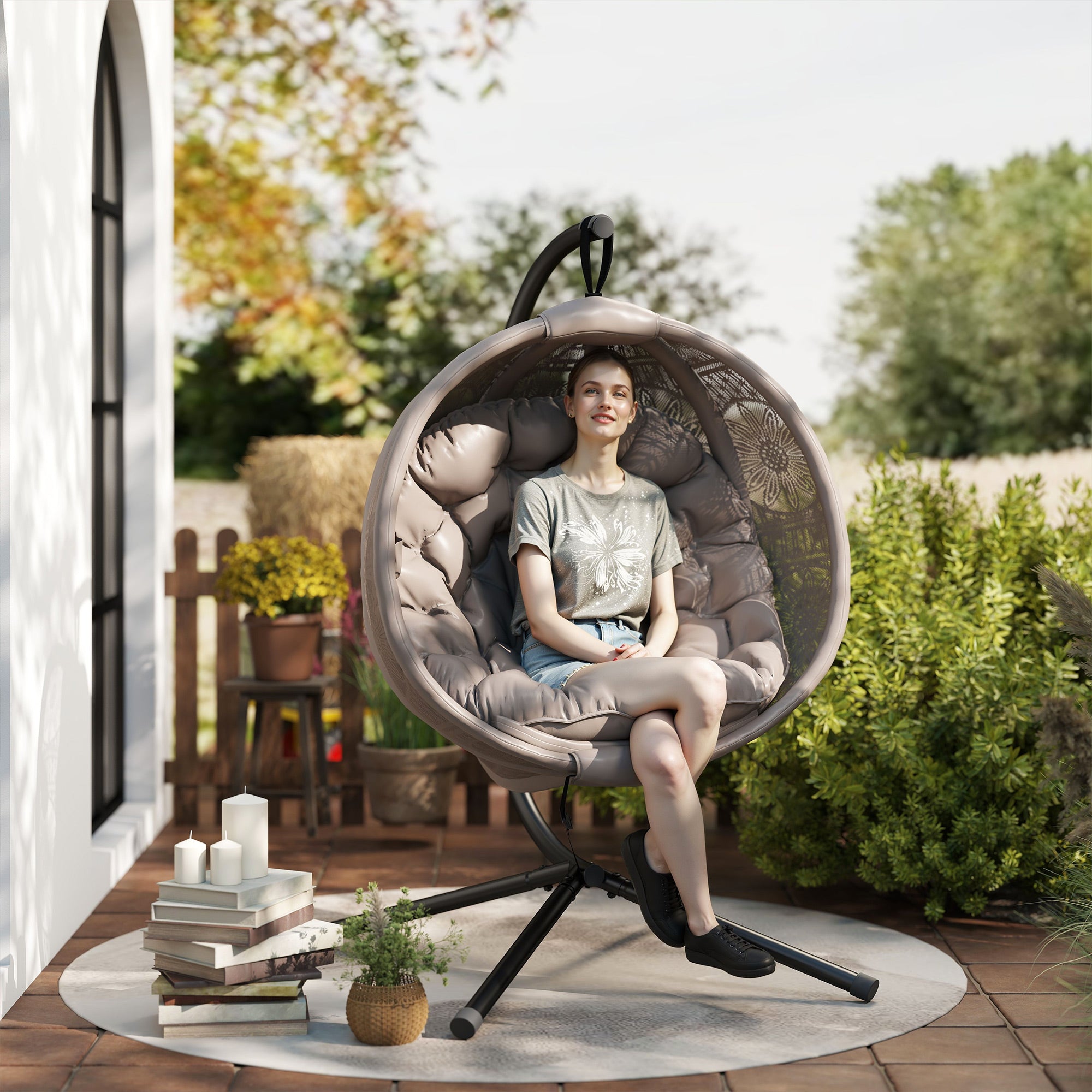 Hanging Egg Chair, Hanging Swing, Hanging Chair with Seat Cushion, Foldable Seat Basket, for Indoor, Outdoor, Supports up to 120 kg, Polyester, Sand