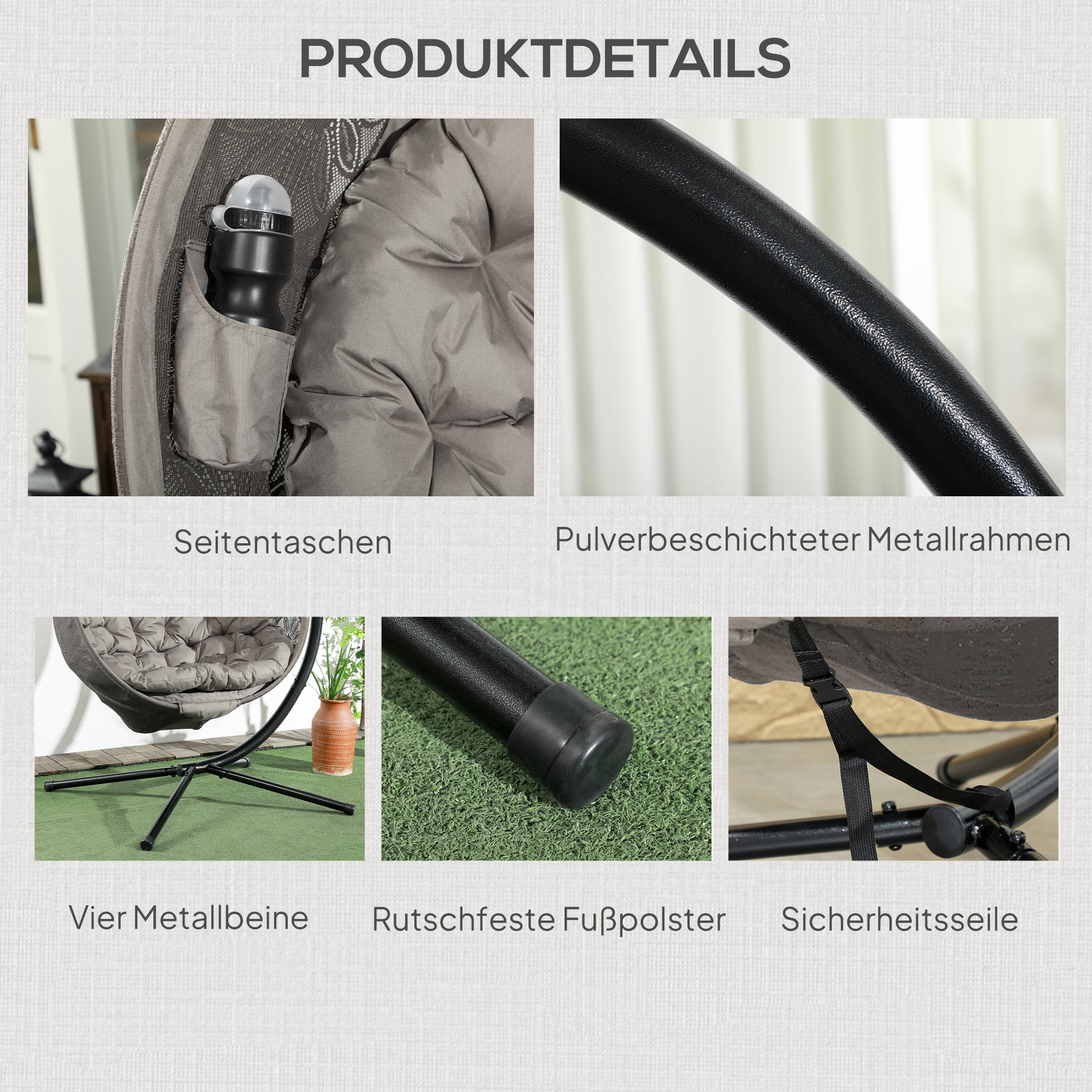 Hanging Egg Chair, Hanging Swing, Hanging Chair with Seat Cushion, Foldable Seat Basket, for Indoor, Outdoor, Supports up to 120 kg, Polyester, Sand