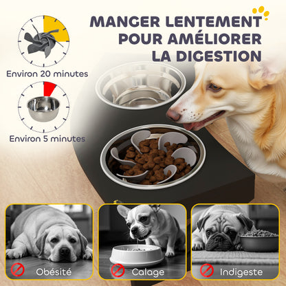 Elevated Dog Bowl with Stand, Dog Bowl with 2 1L Stainless Steel Bowls, Slow Feeding Mat, Semi-Rounded Surface, for small to medium dogs, black