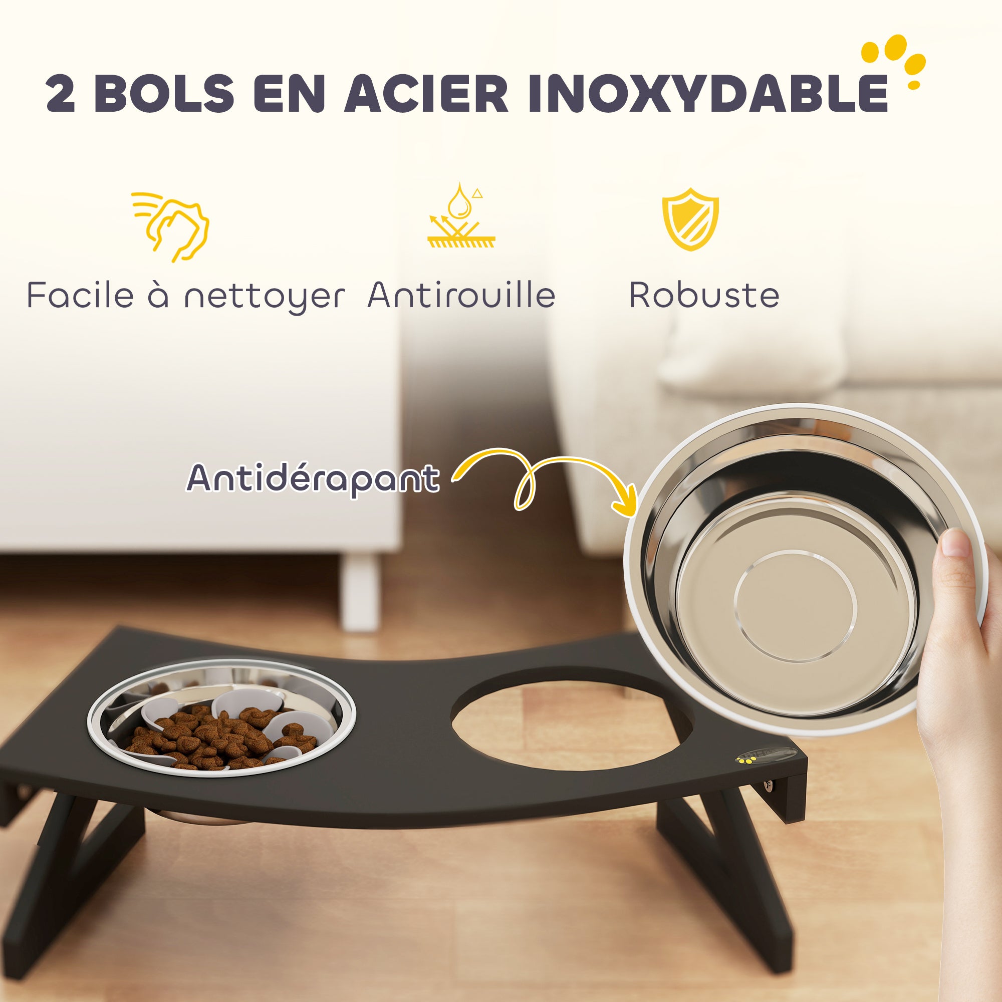 Elevated Dog Bowl with Stand, Dog Bowl with 2 1L Stainless Steel Bowls, Slow Feeding Mat, Semi-Rounded Surface, for small to medium dogs, black