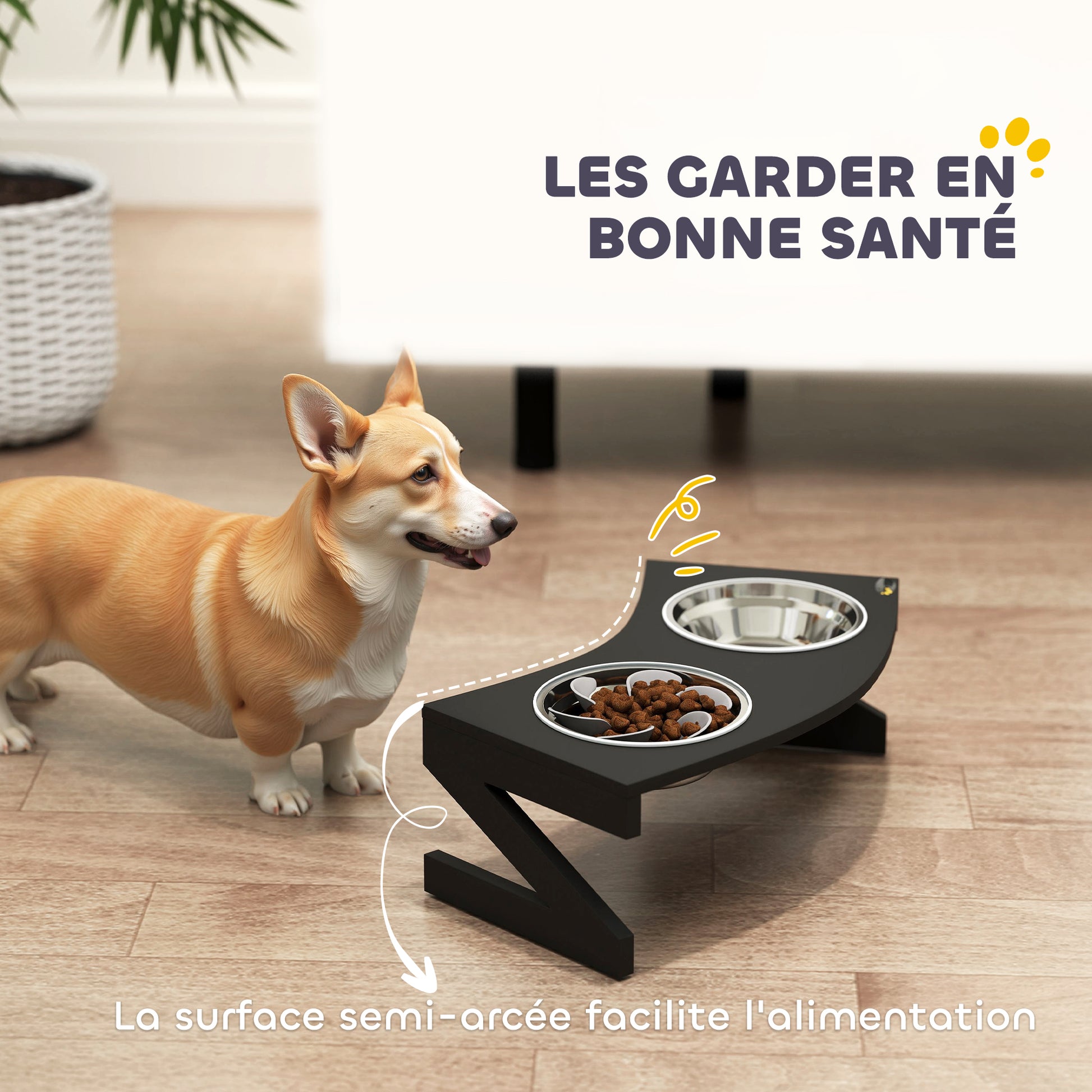 Elevated Dog Bowl with Stand, Dog Bowl with 2 1L Stainless Steel Bowls, Slow Feeding Mat, Semi-Rounded Surface, for small to medium dogs, black