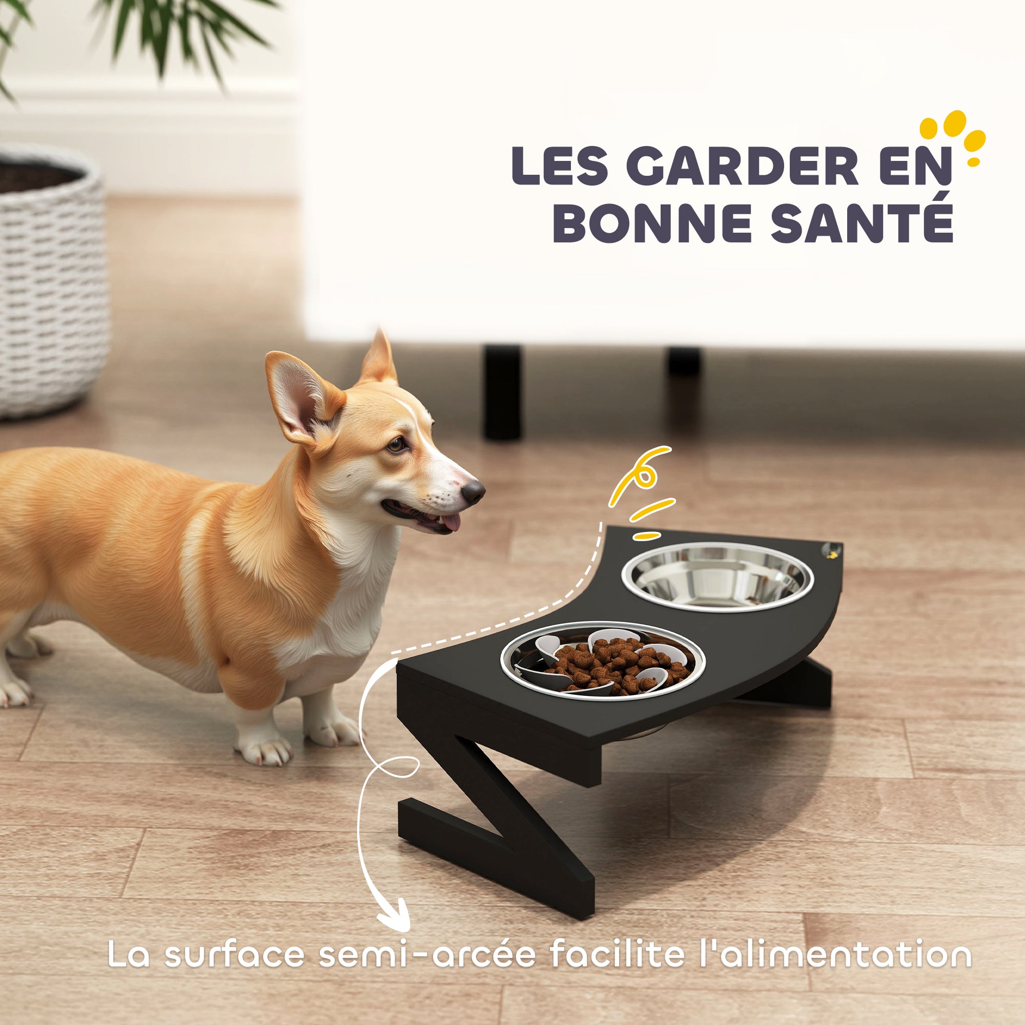 Elevated Dog Bowl with Stand, Dog Bowl with 2 1L Stainless Steel Bowls, Slow Feeding Mat, Semi-Rounded Surface, for small to medium dogs, black