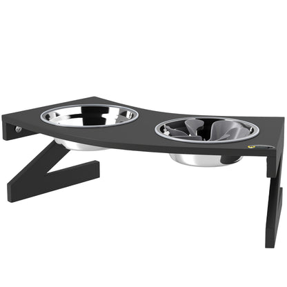 Elevated Dog Bowl with Stand, Dog Bowl with 2 1L Stainless Steel Bowls, Slow Feeding Mat, Semi-Rounded Surface, for small to medium dogs, black