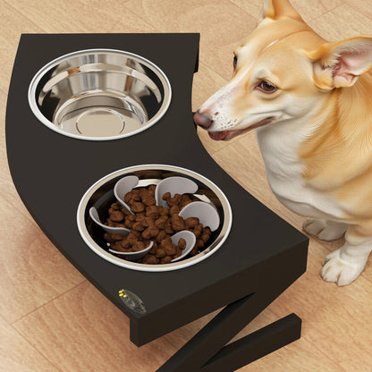 Elevated Dog Bowl with Stand, Dog Bowl with 2 1L Stainless Steel Bowls, Slow Feeding Mat, Semi-Rounded Surface, for small to medium dogs, black