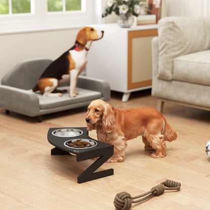 Elevated Dog Bowl with Stand, Dog Bowl with 2 1L Stainless Steel Bowls, Slow Feeding Mat, Semi-Rounded Surface, for small to medium dogs, black