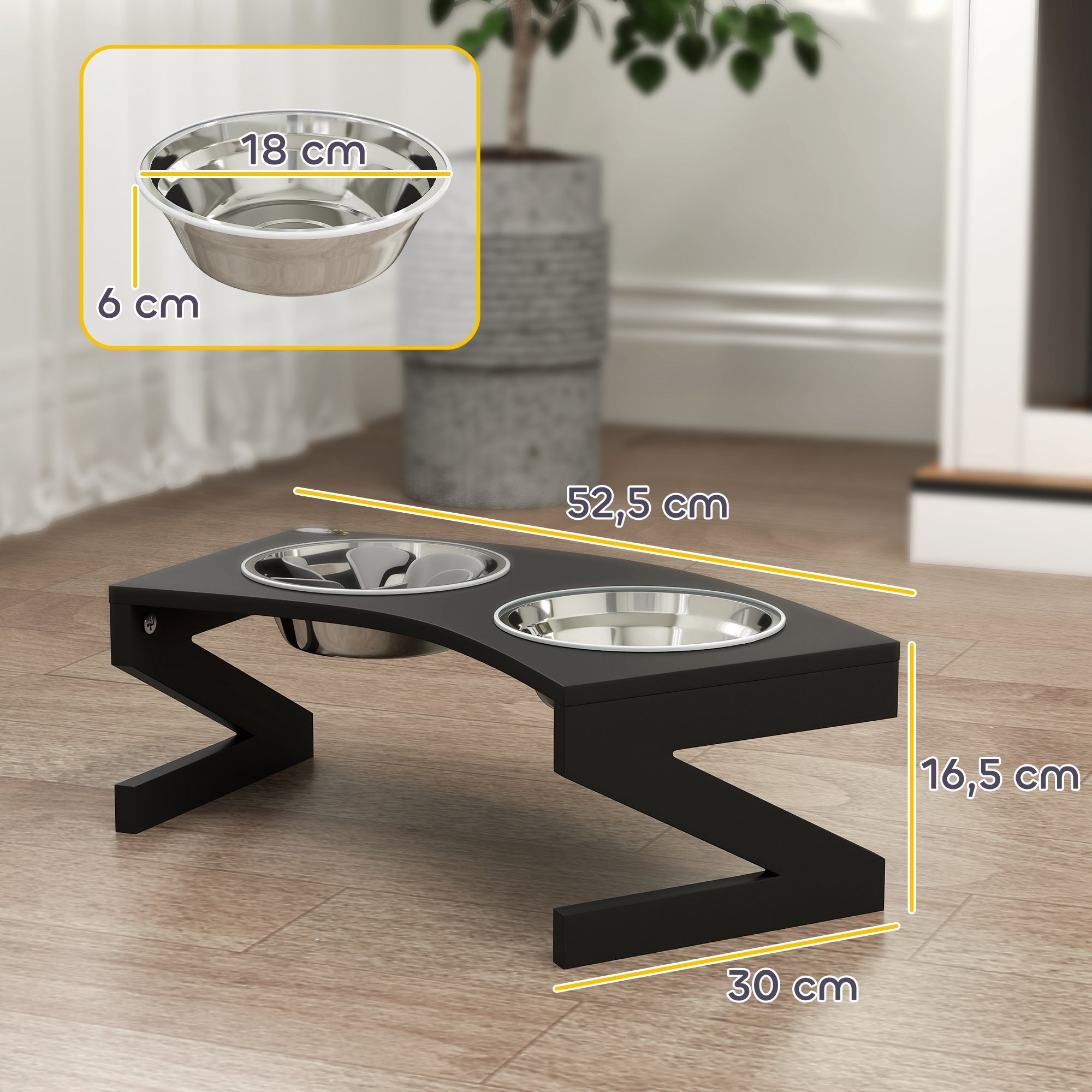 Elevated Dog Bowl with Stand, Dog Bowl with 2 1L Stainless Steel Bowls, Slow Feeding Mat, Semi-Rounded Surface, for small to medium dogs, black