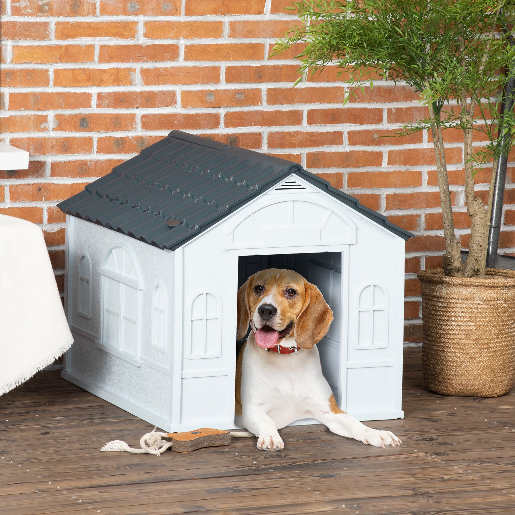 Dog House, Dog Kennel with Saddle Roof, Weatherproof Pet House for medium-sized dogs under 20 kg, Outdoor Dog House, 65 x 75.7 x 63 cm, Gray