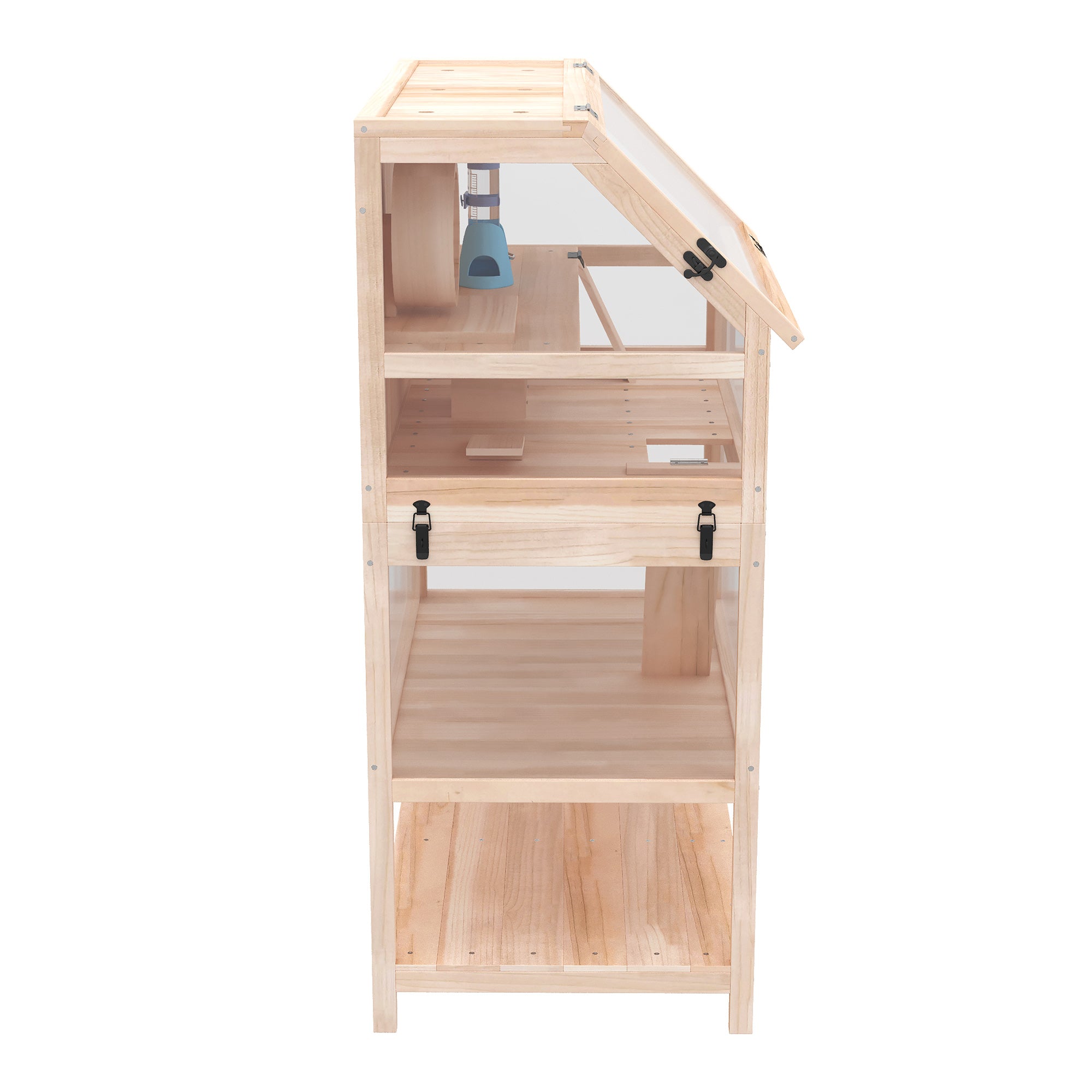 3-Level Wooden Hamster Cage, 31.5 x 20.9 x 46.1 in (80 x 53 x 117 cm) — Small Animal Cage with Removable Base, Storage Shelf, Silent Wheel, Ramps, Water Bottle & House — Natural Wood