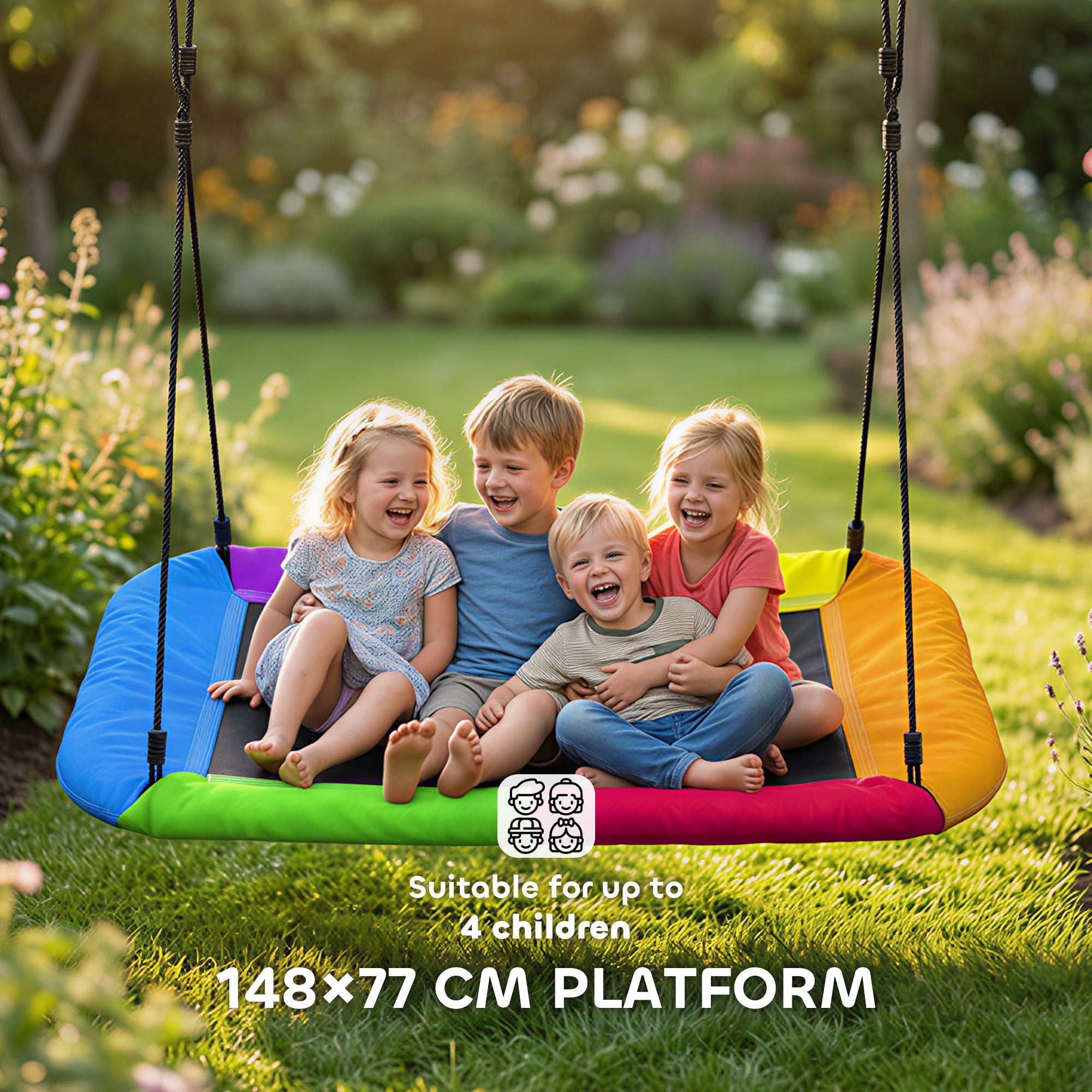 Adjustable Nest Swing 148 x 77 cm (58.3 x 30.3 in) – Up to 300 kg (661 lb) | Garden Hanging Swing with Adjustable Ropes, for Ages 3–8, Indoor & Outdoor, Multicolor