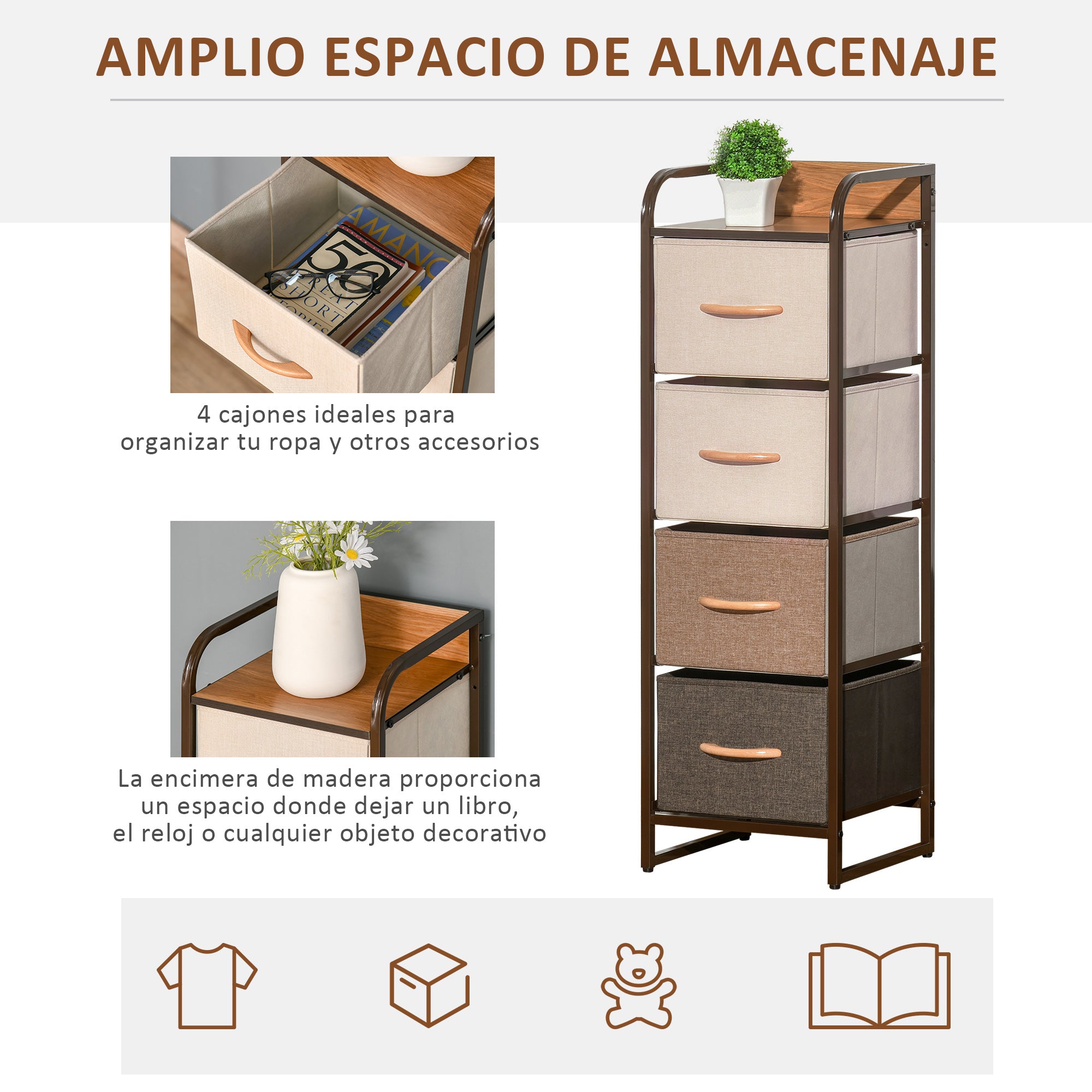 Fabric Chest of Drawers for Bedroom with 4 Foldable Drawers Wooden Top and Metal Frame for Living Room 31x29x99 cm Multicolor