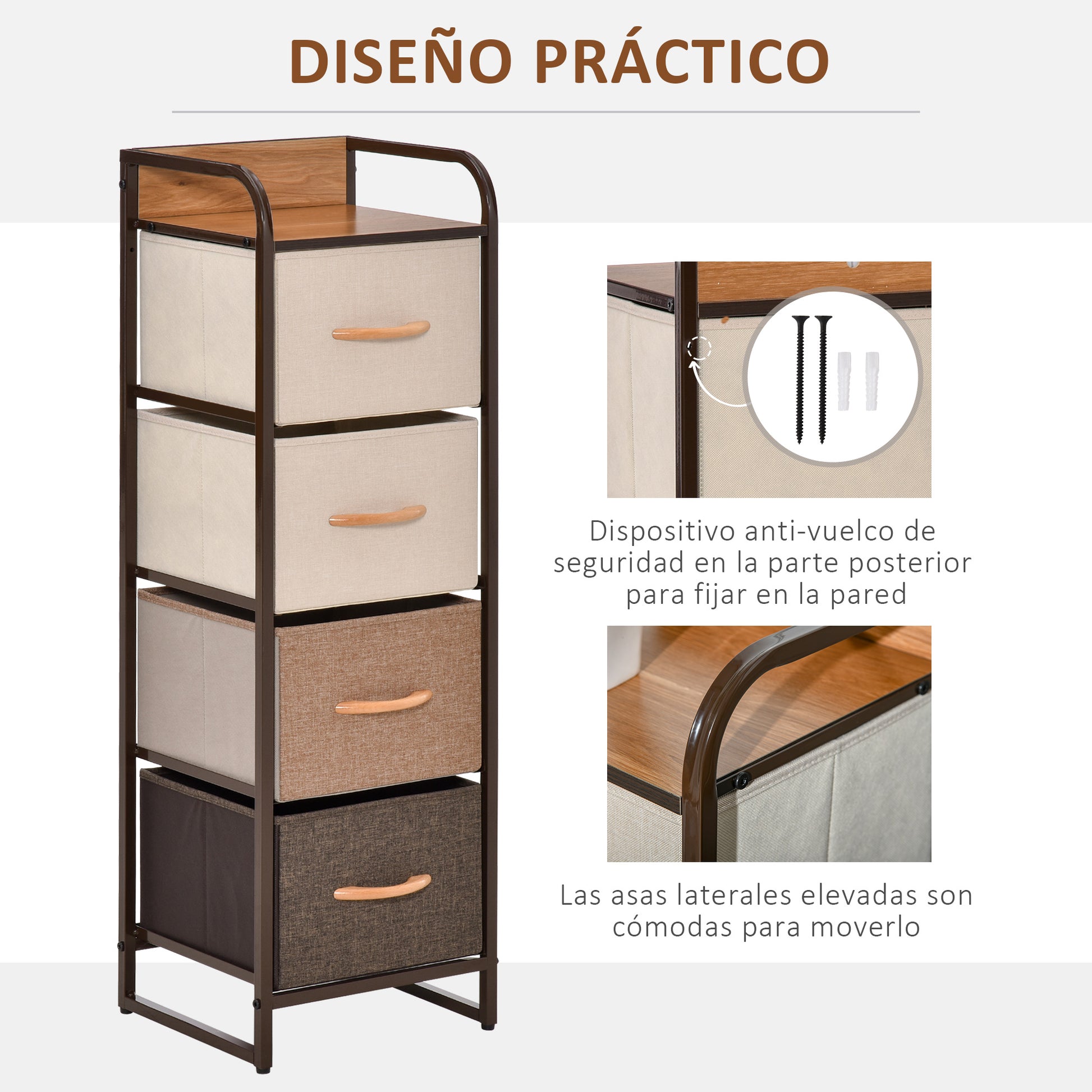 Fabric Chest of Drawers for Bedroom with 4 Foldable Drawers Wooden Top and Metal Frame for Living Room 31x29x99 cm Multicolor