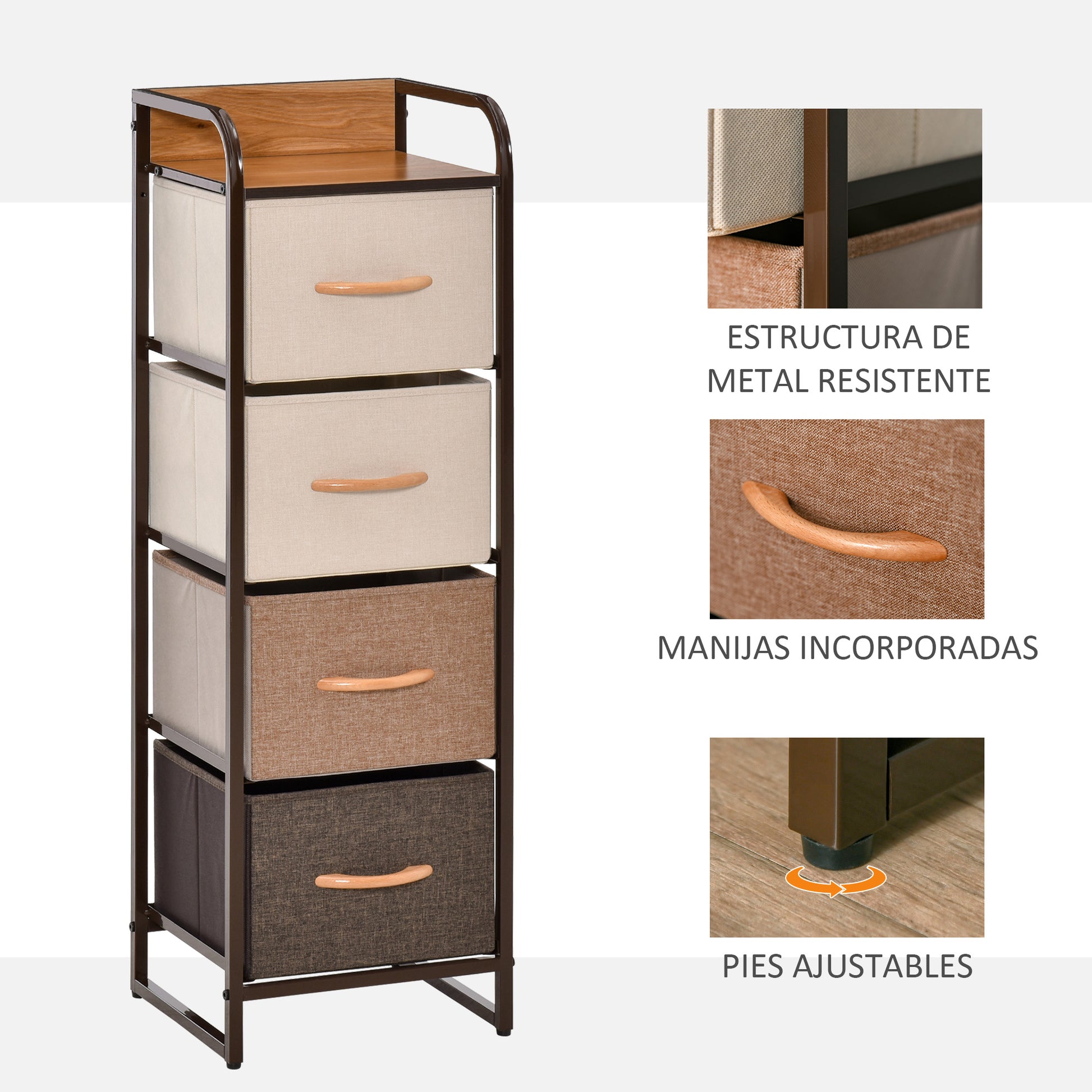 Fabric Chest of Drawers for Bedroom with 4 Foldable Drawers Wooden Top and Metal Frame for Living Room 31x29x99 cm Multicolor