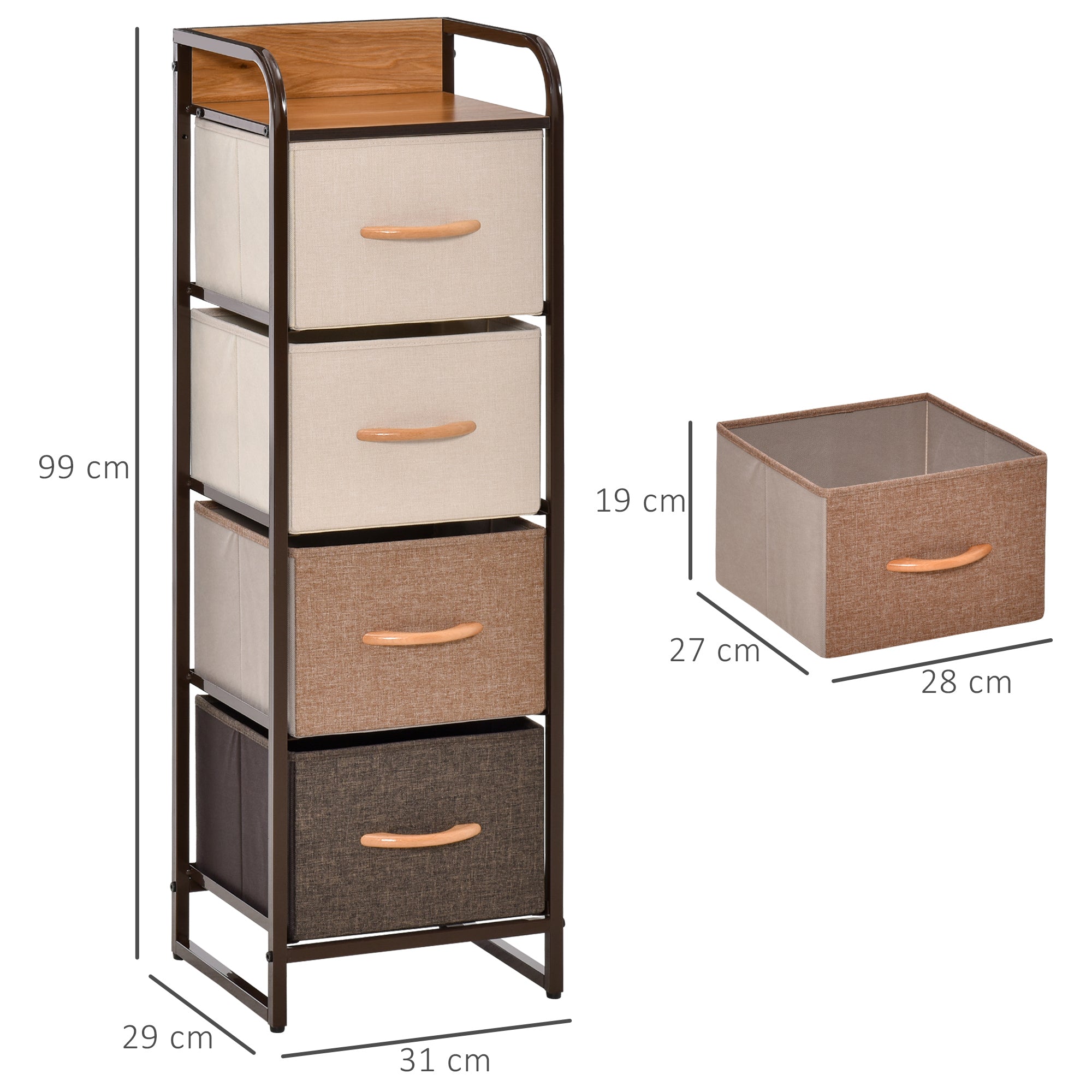Fabric Chest of Drawers for Bedroom with 4 Foldable Drawers Wooden Top and Metal Frame for Living Room 31x29x99 cm Multicolor