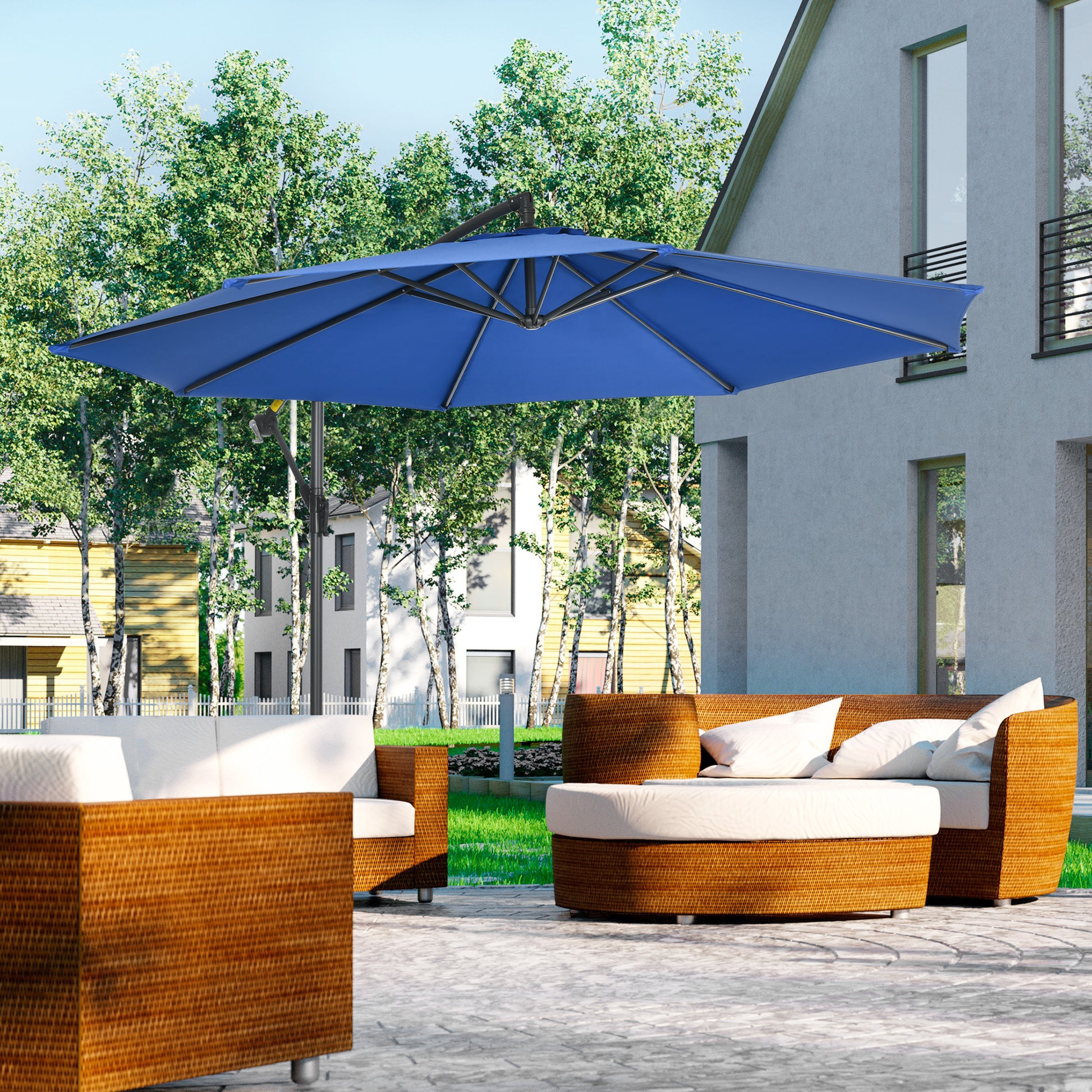 Offset Octagonal Foldable 3m Diameter Garden Umbrella with Cross Base in Blue